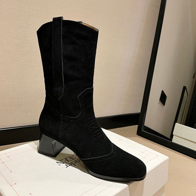 Block Heel Pointed Toe Embroidered Genuine Leather Mid-Calf Boots