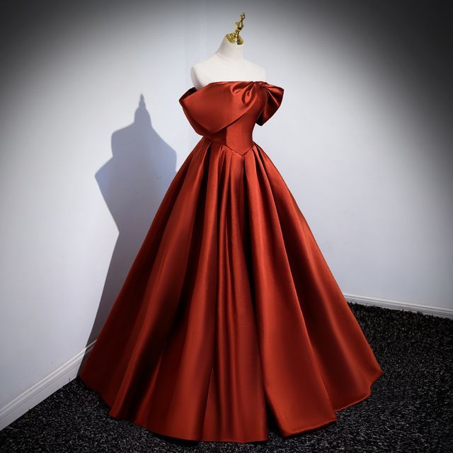 Short-Sleeve Off Shoulder Plain Pleated Satin A-Line Evening Gown