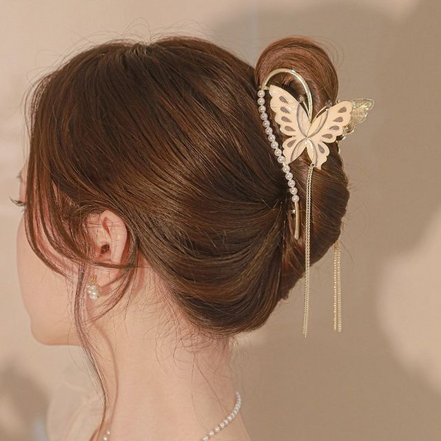 Faux Pearl Butterfly Fringed Hair Claw