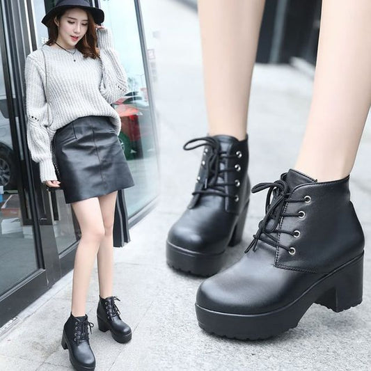 Lace-Up Ankle Platform Heel Boots Chunky
