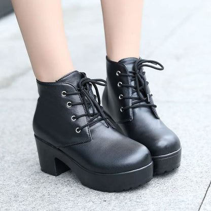 Lace-Up Ankle Platform Heel Boots Chunky