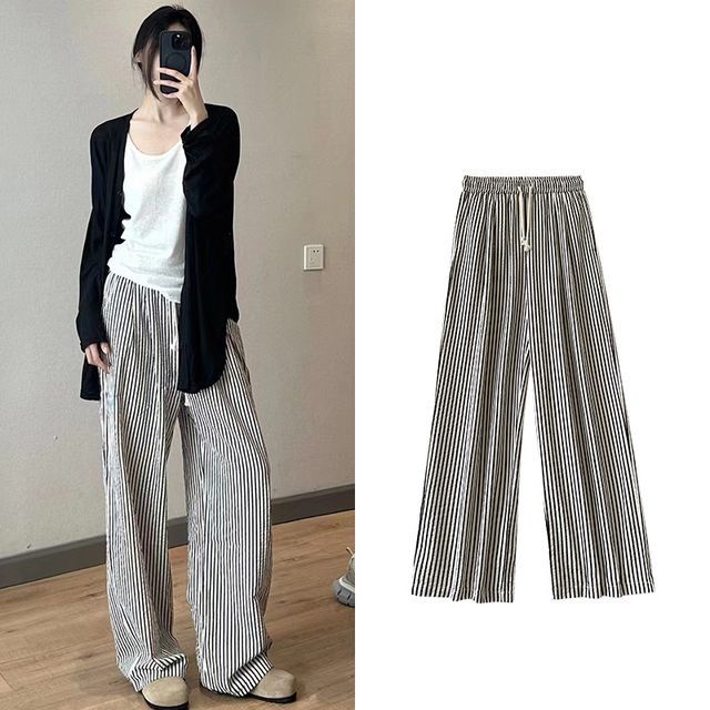 High Rise Striped Printed Wide Leg Drawstring Sweatpants