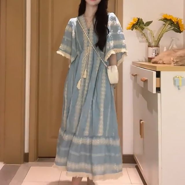 Dress Panel Elbow-Sleeve Embroidered Midi A-Line V-Neck Tassel