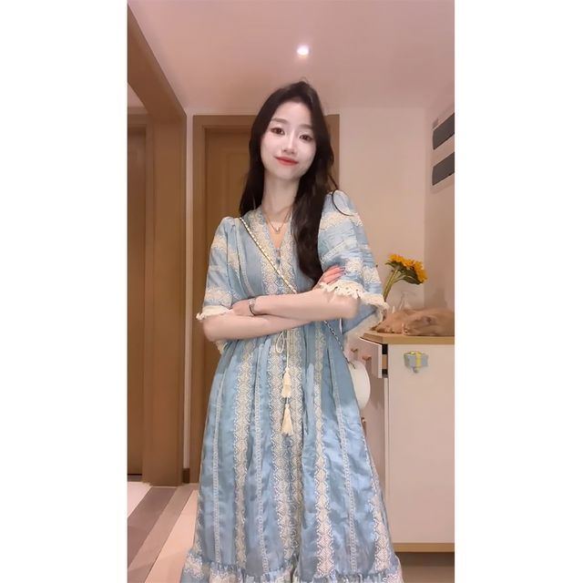 Dress Panel Elbow-Sleeve Embroidered Midi A-Line V-Neck Tassel