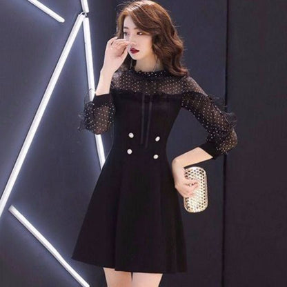 Mock Two-Piece Puff-Sleeve Double-Breasted Ruffled Paneled Mini A-Line Dress