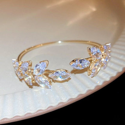 Alloy Bangle Leaf Open Rhinestone
