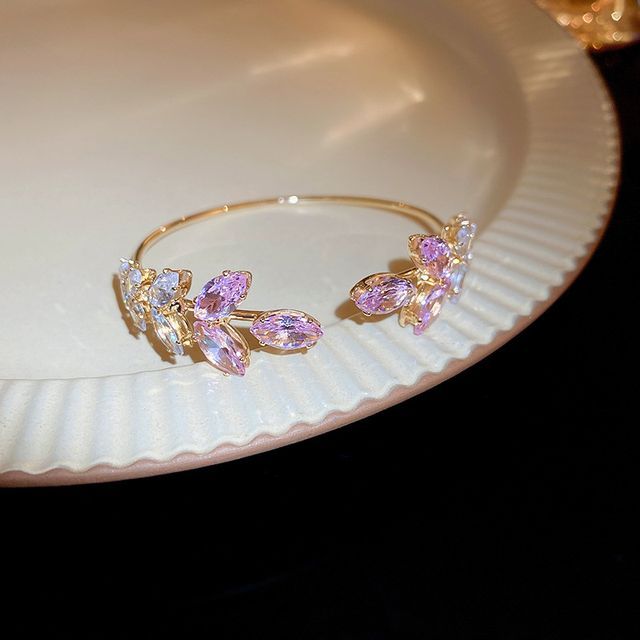 Alloy Bangle Leaf Open Rhinestone