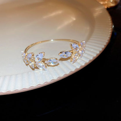 Alloy Bangle Leaf Open Rhinestone