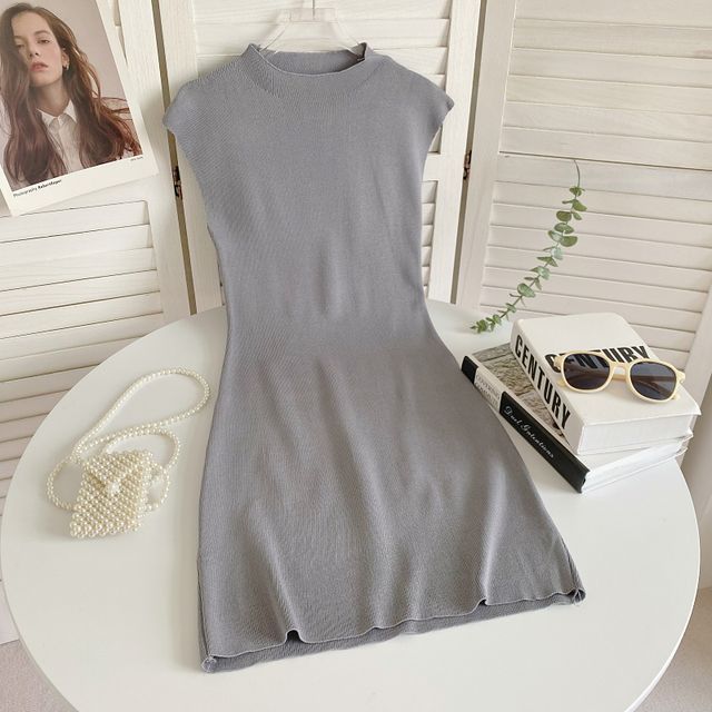 Cap-Sleeve Mock Neck Plain Knit Mini Bodycon Dress