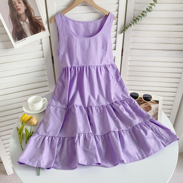 Sleeveless Scoop Neck Plain Tiered A-Line Dress