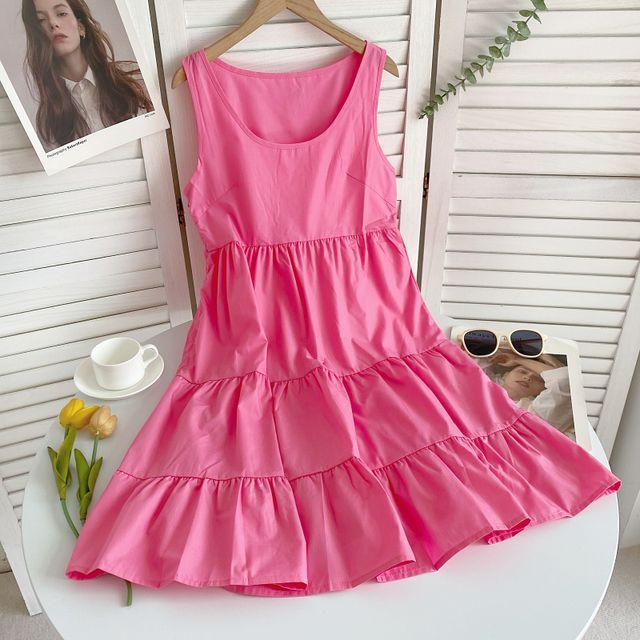 Sleeveless Scoop Neck Plain Tiered A-Line Dress