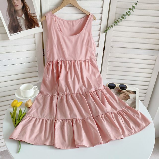 Sleeveless Scoop Neck Plain Tiered A-Line Dress