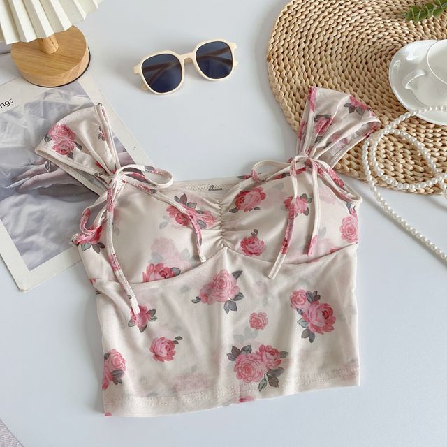 Cap-Sleeve V-Neck Floral Print Bustier Crop Top