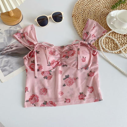 Cap-Sleeve V-Neck Floral Print Bustier Crop Top