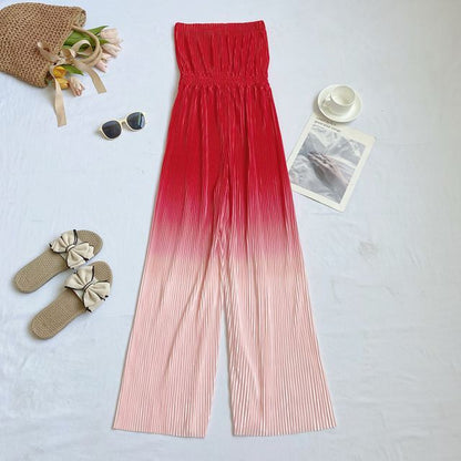 Strapless Gradient Ribbed Wide Leg Jumpsuit