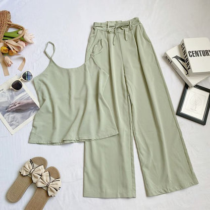 Set: Plain Camisole Top + High Waist Wide Leg Pants