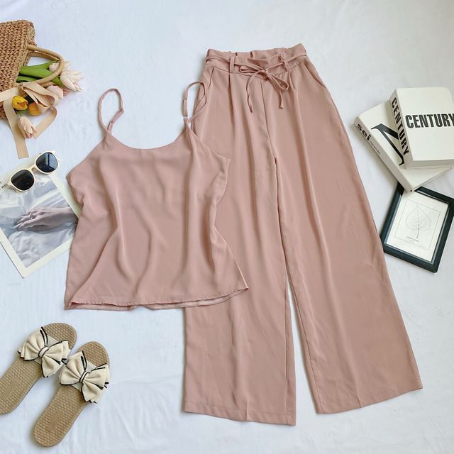 Set: Plain Camisole Top + High Waist Wide Leg Pants