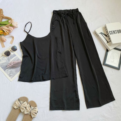 Set: Plain Camisole Top + High Waist Wide Leg Pants