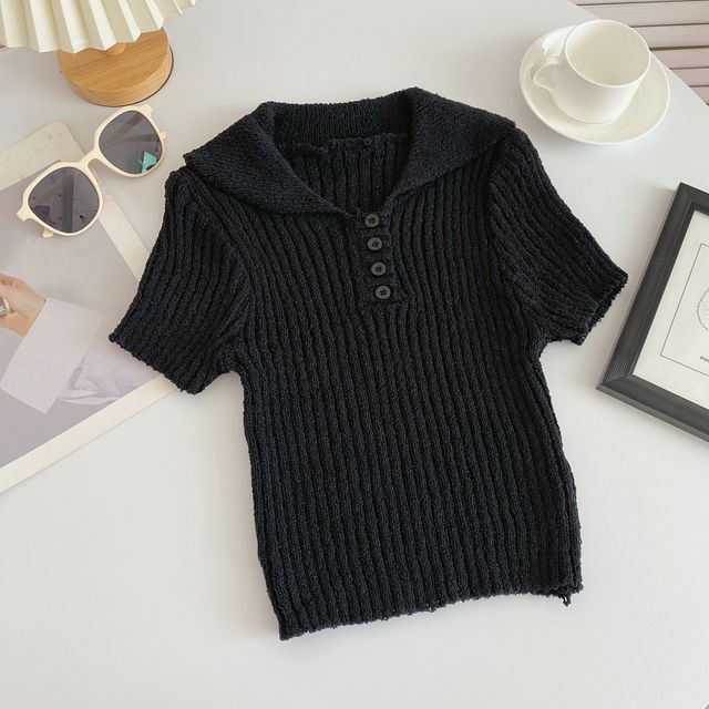 Short-Sleeve Plain Knit Polo Top