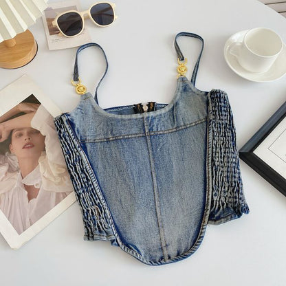 Fringed Denim Crop Cami Top