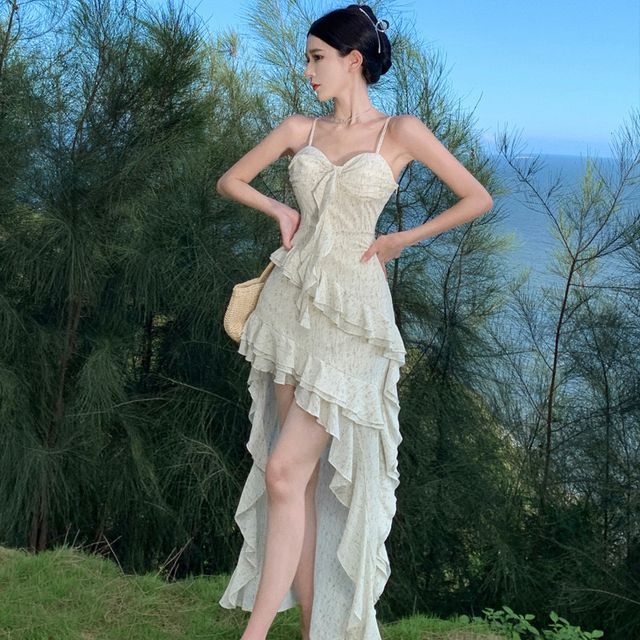 Floral Trim Dress Ruffle Maxi A-Line Spaghetti Strap