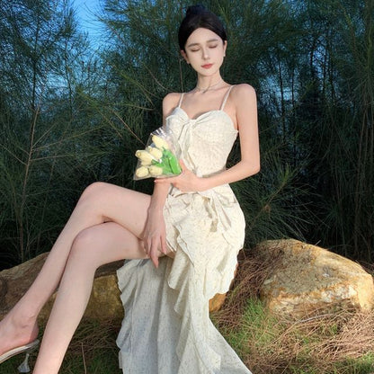 Floral Trim Dress Ruffle Maxi A-Line Spaghetti Strap