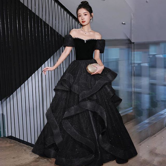 Shoulder Panel A-Line Off Velvet Rhinestone Ruffle Gown Evening Short-Sleeve Glitter