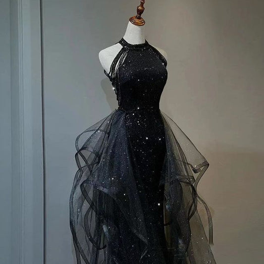 Panel Sleeveless Glitter Beaded Gown A-Line Evening Crew Ruffle Mesh Neck Plain