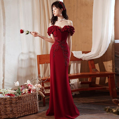 Plain Mesh Ruched Evening Off Shoulder Short-Sleeve Mermaid Panel Gown Beaded