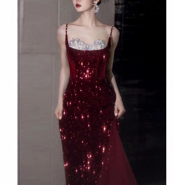 Spaghetti Strap Two Tone Sequin Slit Panel Mesh A-Line Evening Gown