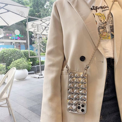 Metallic Heart Phone Case With Strap For iPhone 11, 11 Pro, 11 Pro Max, 12/12 Pro, 12 Pro Max, 13, 13 Pro, 13 Pro Max, 14, 14 Plus, 14 Pro, 14 Pro Max