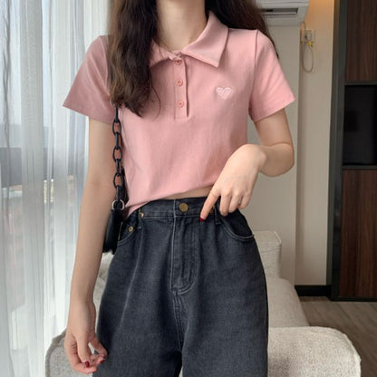 Embroidered Short-Sleeve Polo Heart Shirt