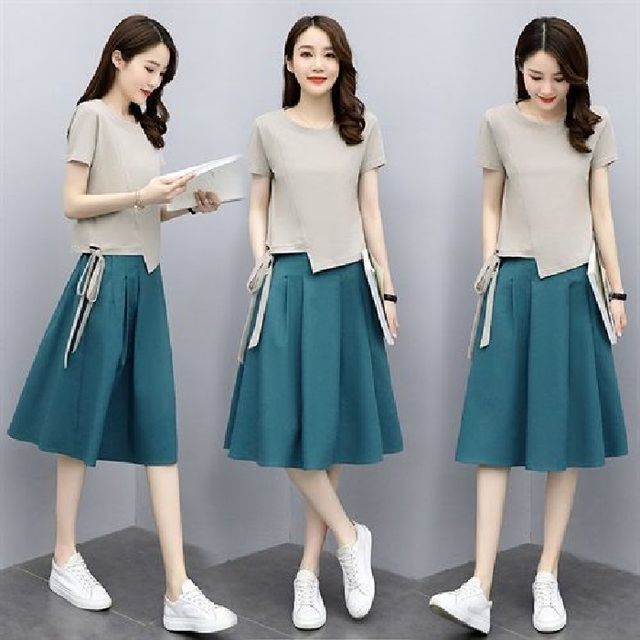 Round Plain + Waist Short-Sleeve T-Shirt Set: Neck Midi Skirt A-Line Elastic