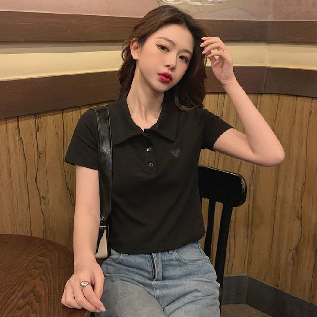 Embroidered Short-Sleeve Polo Heart Shirt