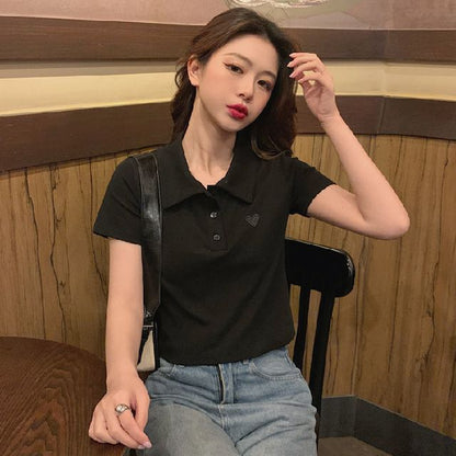 Embroidered Short-Sleeve Polo Heart Shirt