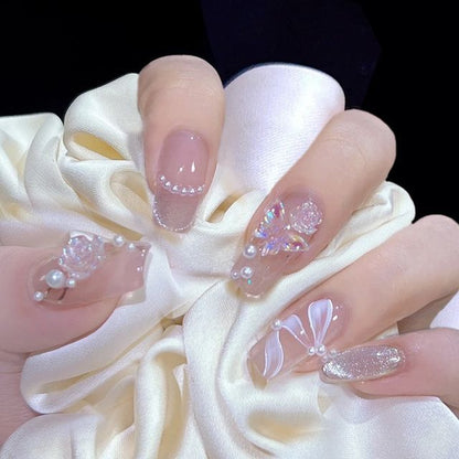 Floral Faux Pearl Faux Nail Tips