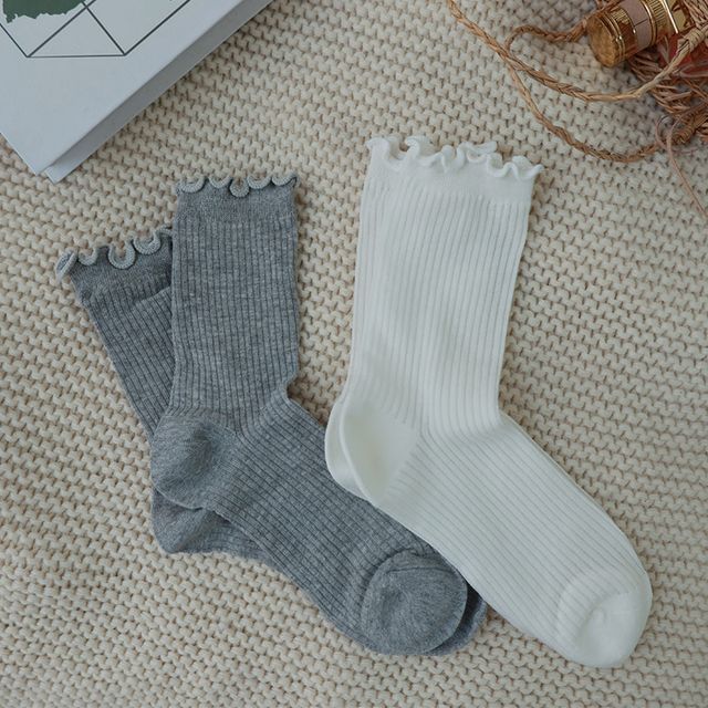 Plain Ribbed Lettuce Edge Socks / Set