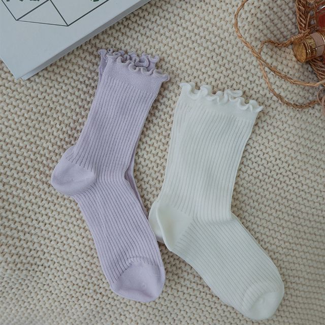 Plain Ribbed Lettuce Edge Socks / Set