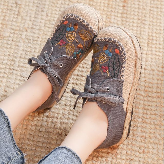 Slip-Ons Lace-Up Leaf Embroidered