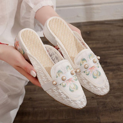 Flower Mules Chunky Heel Embroidered Pointed