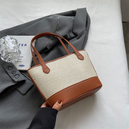 Sac seau tissé avec empiècement en similicuir