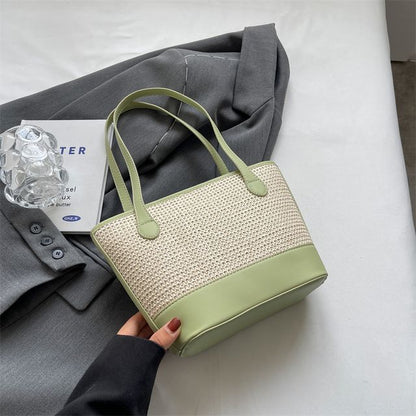 Sac seau tissé avec empiècement en similicuir