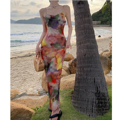 Spaghetti Strap Tie-Dyed Midi Mermaid Dress