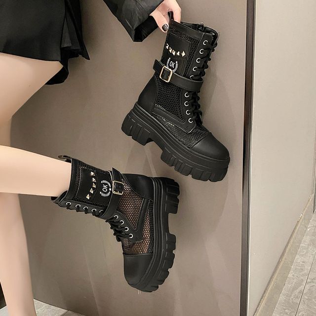 Platform Boots Studded Lace-Up Short Mesh Panel