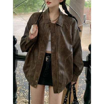 Collared Faux Leather Zip Jacket