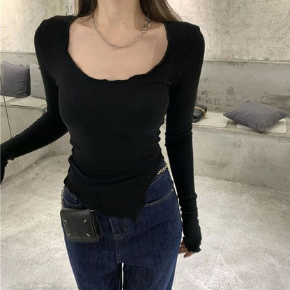 T-Shirt Lettuce Neck Scoop Long-Sleeve Edge Plain Slit
