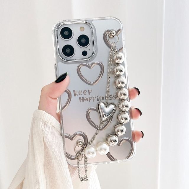 Faux Bead Chain Heart Print Phone Case