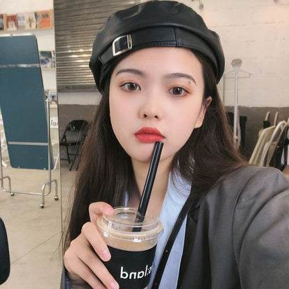 Faux Leather Buckled Beret