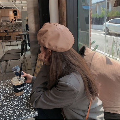 Faux Leather Buckled Beret