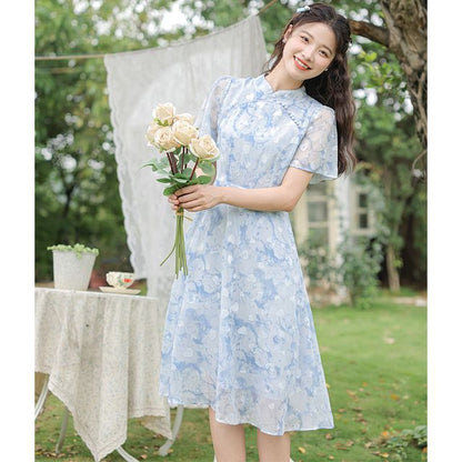 Short-Sleeve Band Collar  Floral Print Midi A-Line Dress